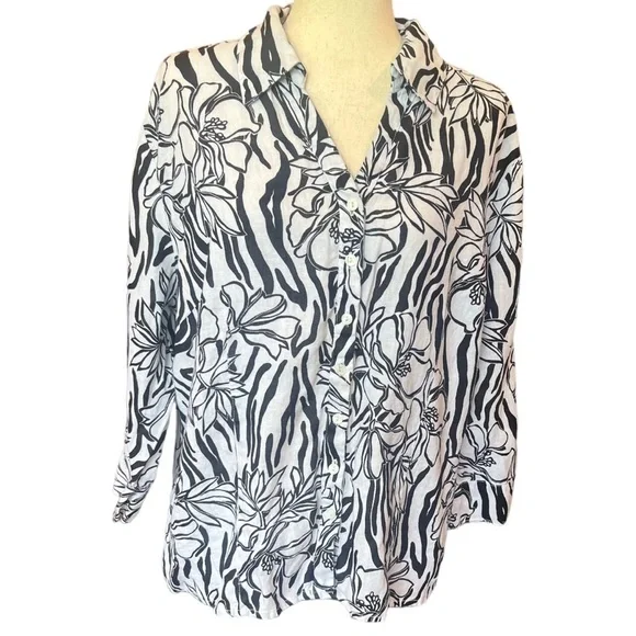 Abstract 100% Linen Floral Zebra Button Up Top Sz 18 2X Tropical Vacation Artsy - Picture 4 of 8